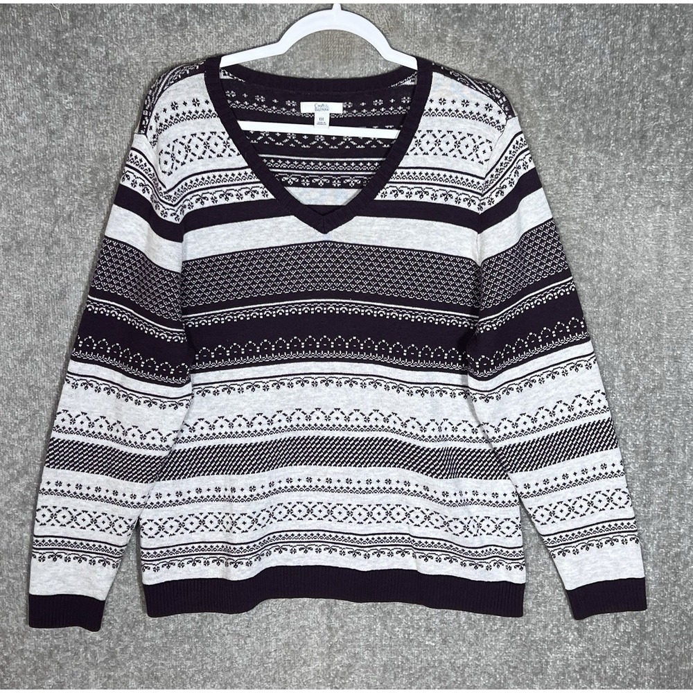Croft & Barrow Fair Isle Knit Top Womens Size XXL Purple V-Neck Long Sleeve